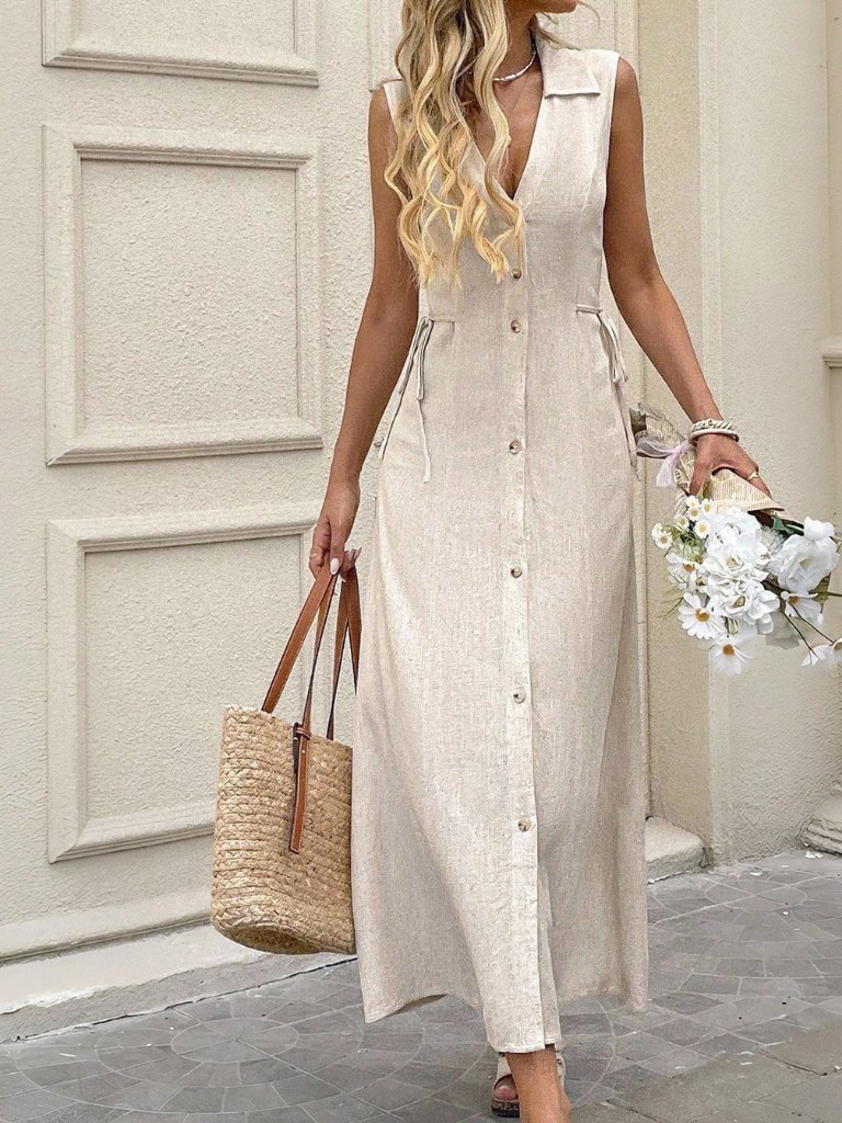 Apricot Casual Women's Shirt Collar Button Decor Mid-Calf Elegant Dress